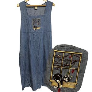 VTG Denim Jumper Dress Size PL Embroidered Cat Window Cottagecore Midi Pinafore